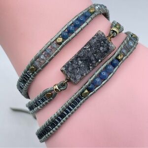 Nakamol Sodalite Gemstone Wrap Bracelet Druzy Bar Boho Leather Beaded Blue Gray
